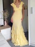 Elegant Yellow Chiffon Mermaid Ruffle Evening Dress Long Evening Gown Y8073