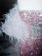 Fairy Pink Strapless Sequins Feathers Mermaid Evening Dress Slit Prom Dress Y8660