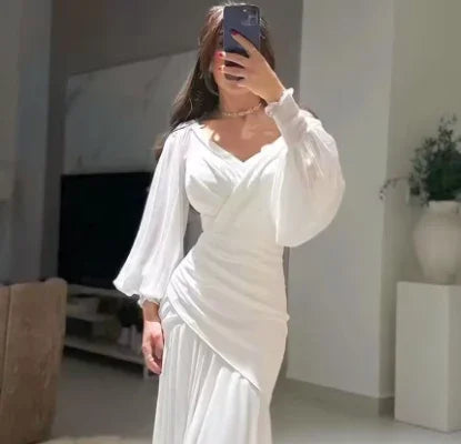 Chic White V Neck Ruched Mermaid Evening Dress Long Prom Dress Y7737