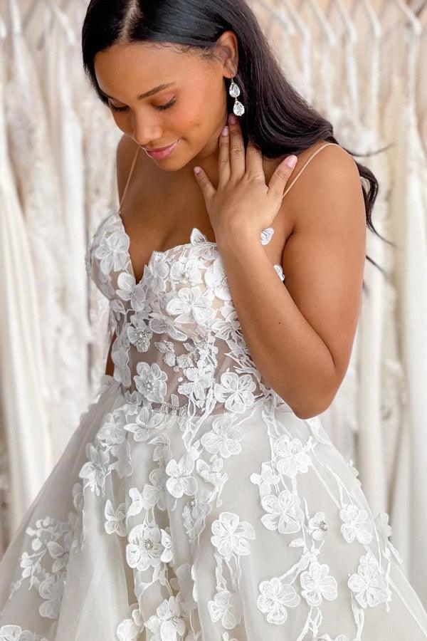 Wedding Gowns Sweetheart Neck Boho 3D Lace Wedding Dresses