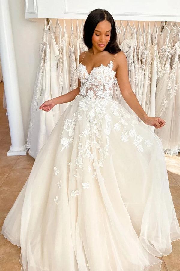 Wedding Gowns Sweetheart Neck Boho 3D Lace Wedding Dresses