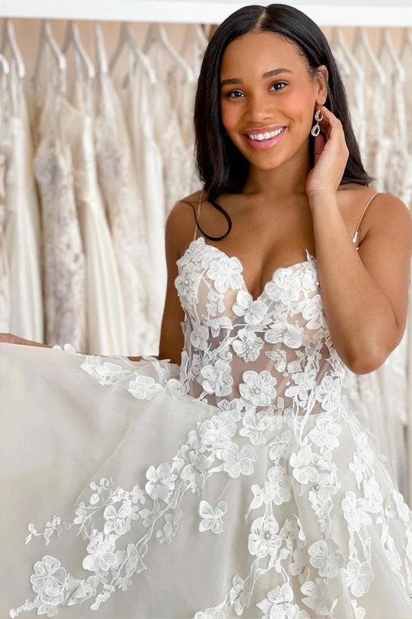 Wedding Gowns Sweetheart Neck Boho 3D Lace Wedding Dresses