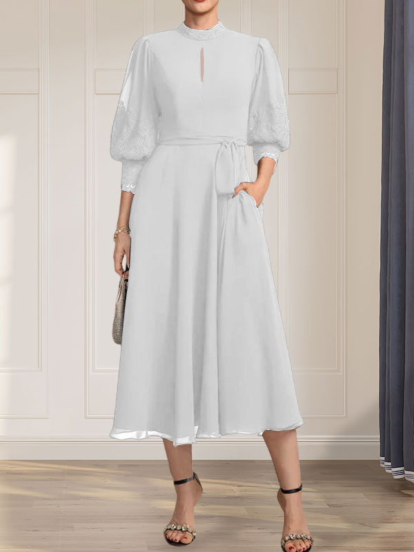 A-line High Neck Tea-Length Lace Chiffon Mother of the Bride Dress With Bow