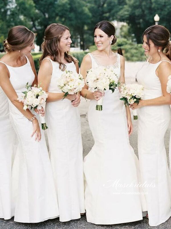 White Satin Mermaid Scoop Neck Modest Bridesmaid Dresses With Train