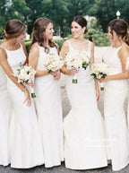 White Satin Mermaid Scoop Neck Modest Bridesmaid Dresses With Train