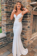 V-Neck Appliques Backless Mermaid Long Formal Prom Dress