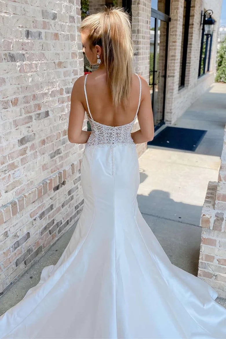 White V-Neck Beading Trumpet Long Wedding Dress Bridal Gown