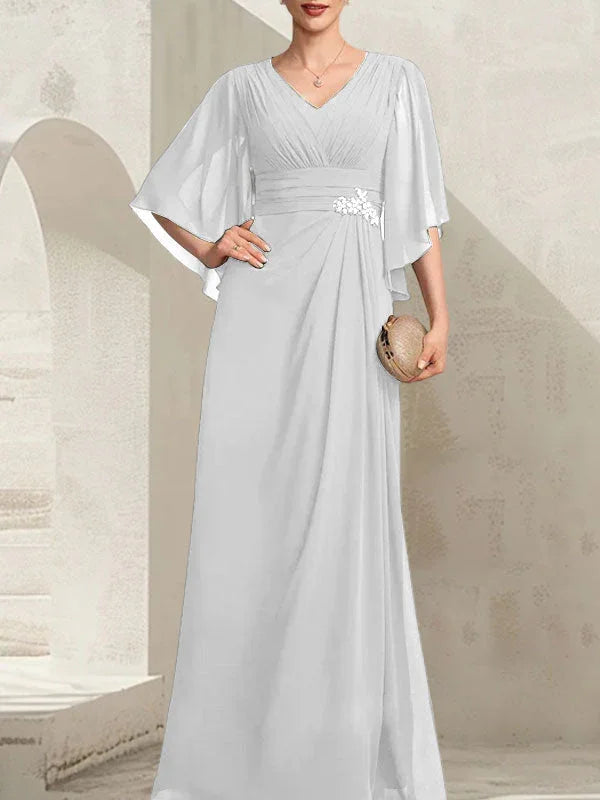Sheath/Column V-Neck Floor-Length Chiffon Mother of the Bride Dress With Pleated Sequins Beading