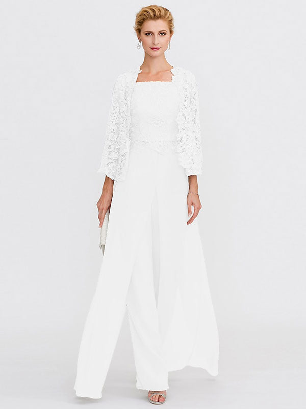 3 Piece Chiffon Square Neck Mother of the Bride Pantsuits with Jacket