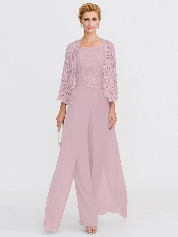 3 Piece Chiffon Square Neck Mother of the Bride Pantsuits with Jacket