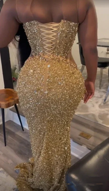Luxurious Gold Sequins Appliques Evening Dress Mermaid Prom Dress Y7880