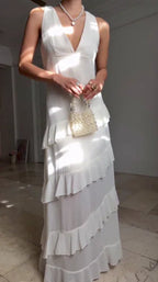 Simple White V Neck Chiffon Ruffle Prom Dress Backless Long Evening Dress Y8500