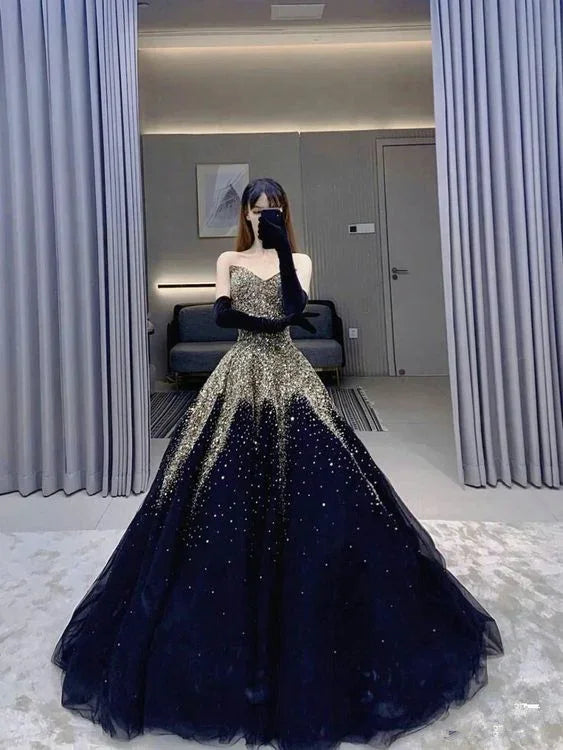Sweetheart Blue Tulle Ball Gown Sparkly Sweet 16 Dress Y102