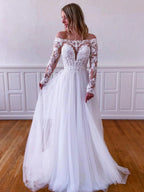 White lace tulle long prom dress, white lace tulle evening dress Y251