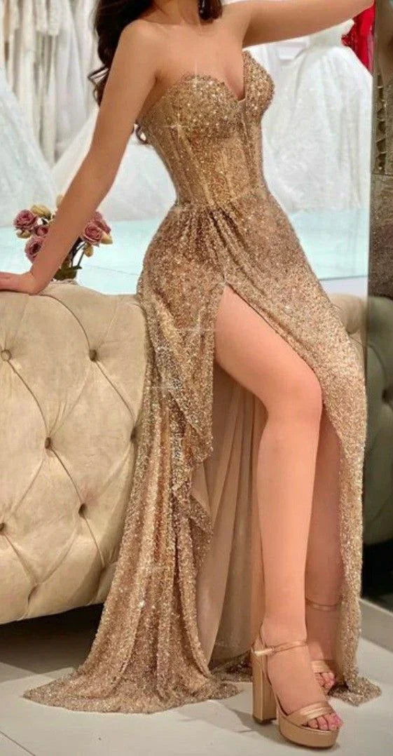 Shiny Sweetheart A-line Prom Dress With Split Charming Evening Gown Y6646