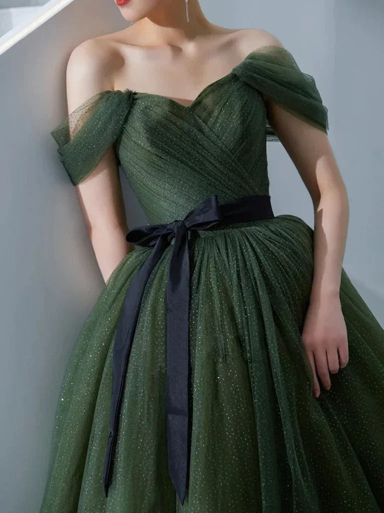 Simple green tulle long prom dress, green tulle evening dress Y1554
