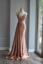 Rose Pink Crystal Beaded Evening Dress One Shoulder Satin Mermaid Long Prom Dress Y8519