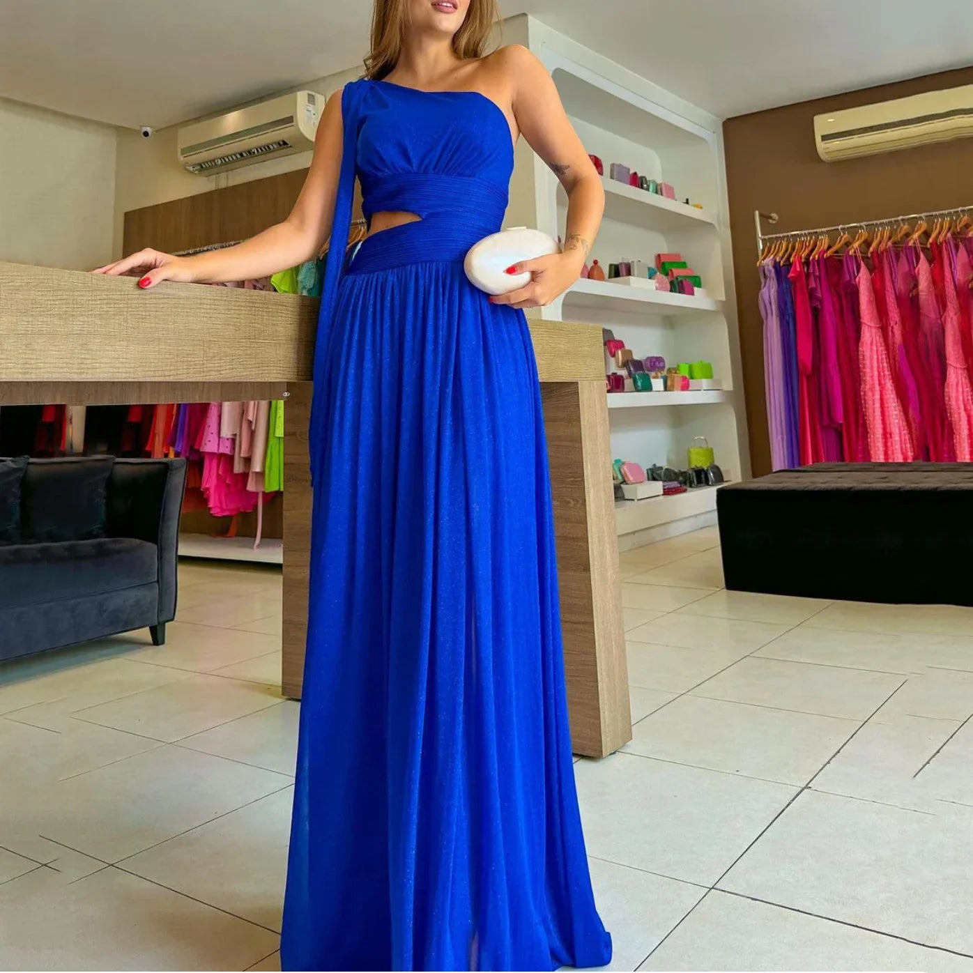 Royal Blue One Shoulder Long Evening Dress Women Sexy Formal Chiffon Prom Party Gowns Y4838