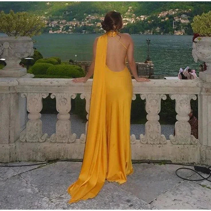 Yellow Satin Backless Off-Shoulder Long Prom Dress Evening Dress Y8466