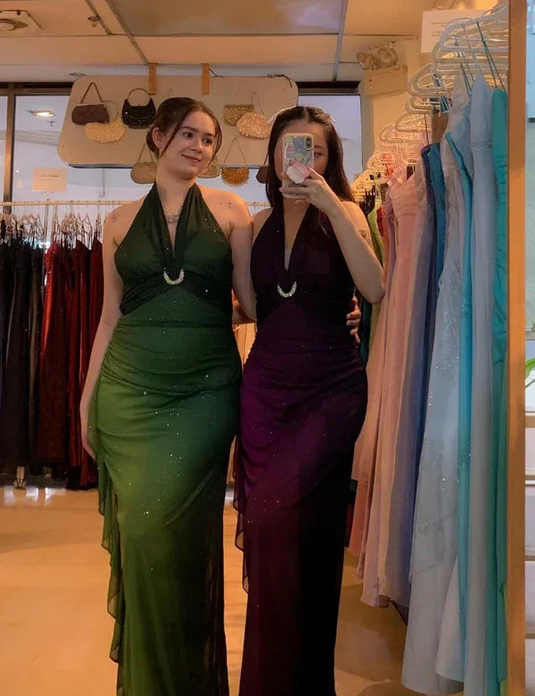 Ombre Green Chiffon Halter Long Prom Dress Glitter Evening Dress Y7481