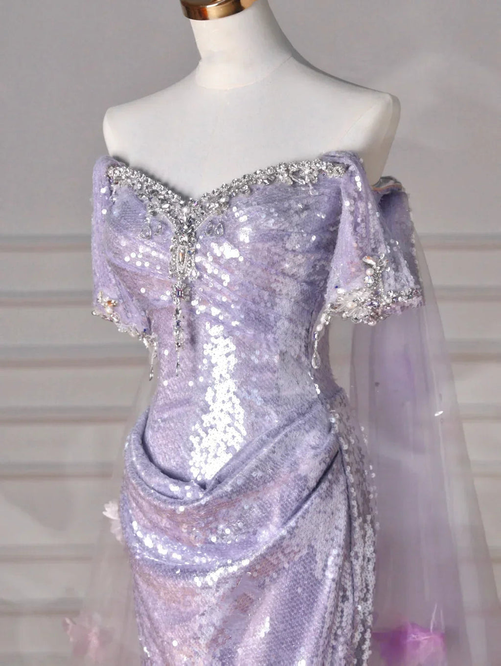 Glitter Lilac Sequin Tulle Beaded Mermaid Slit Evening Dress Off The Shoulder Tulle Appliques Prom Dress Y8632