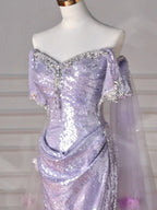 Glitter Lilac Sequin Tulle Beaded Mermaid Slit Evening Dress Off The Shoulder Tulle Appliques Prom Dress Y8632
