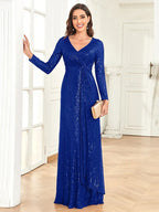 Luxury Long Sleeve V-Neck Evening Dress 2025 Women Wedding Party Sequins For Female Guests Red Prom Cocktail Dresses