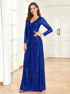 Luxury Long Sleeve V-Neck Evening Dress 2025 Women Wedding Party Sequins For Female Guests Red Prom Cocktail Dresses