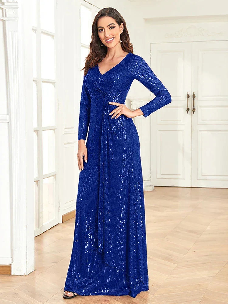 Luxury Long Sleeve V-Neck Evening Dress 2025 Women Wedding Party Sequins For Female Guests Red Prom Cocktail Dresses