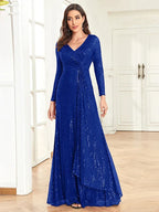 Luxury Long Sleeve V-Neck Evening Dress 2025 Women Wedding Party Sequins For Female Guests Red Prom Cocktail Dresses