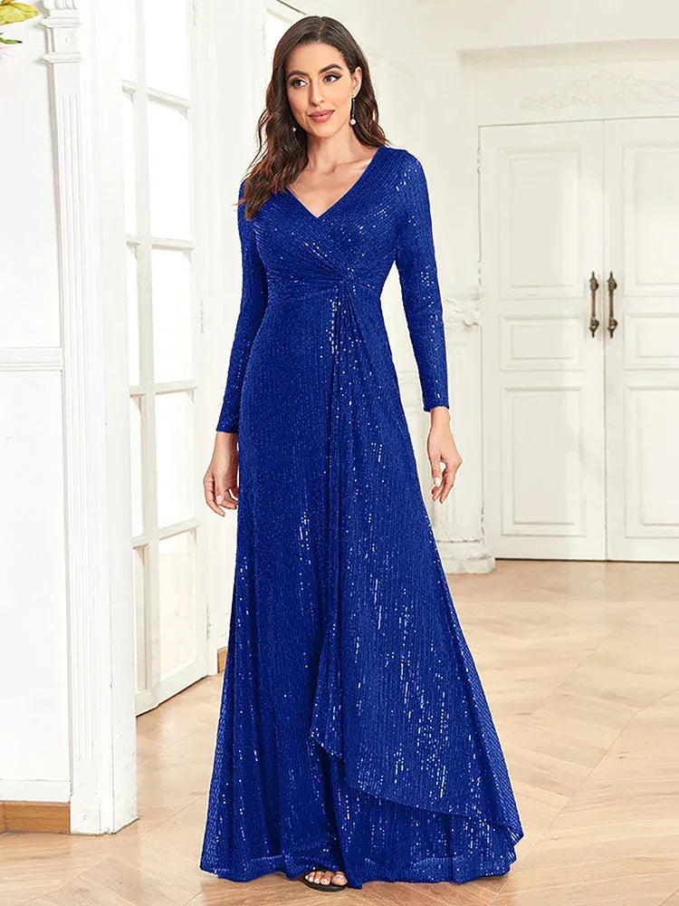 Luxury Long Sleeve V-Neck Evening Dress 2025 Women Wedding Party Sequins For Female Guests Red Prom Cocktail Dresses