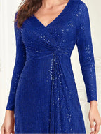 Luxury Long Sleeve V-Neck Evening Dress 2025 Women Wedding Party Sequins For Female Guests Red Prom Cocktail Dresses
