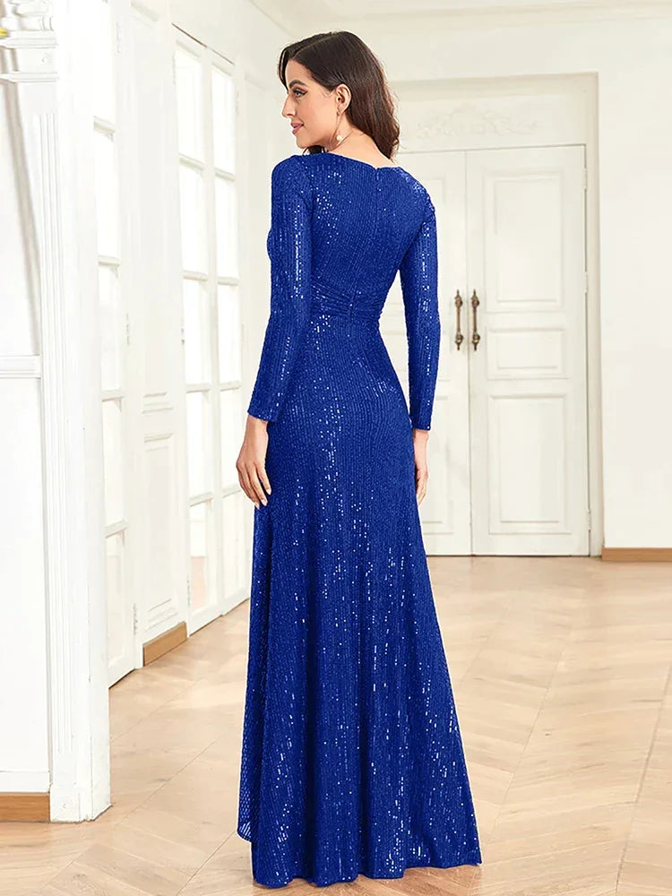 Luxury Long Sleeve V-Neck Evening Dress 2025 Women Wedding Party Sequins For Female Guests Red Prom Cocktail Dresses