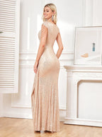 Women Elegant V-Neck Sequins Evening Dress Luxury Slit Beading Formal Maxi Long Prom Cocktail Wedding Party Dress Gowns