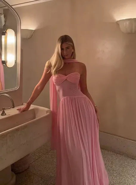 Pink Sweetheart Neck Chiffon Long Prom Dress Evening Dress Y8479
