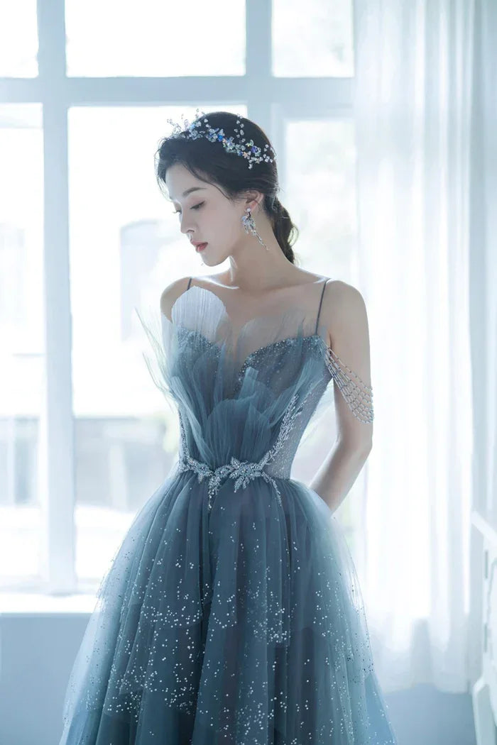 Blue Tulle Beaded Long A-Line Prom Dress, Blue Formal Evening Gown Y1579