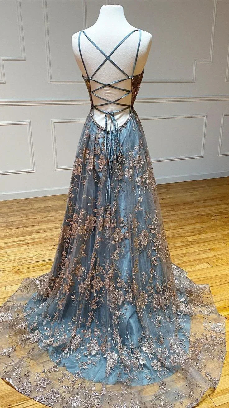 A-Line V Neck Tulle Sequin Long Prom Dress Backless Long Evening Dresses Y5620