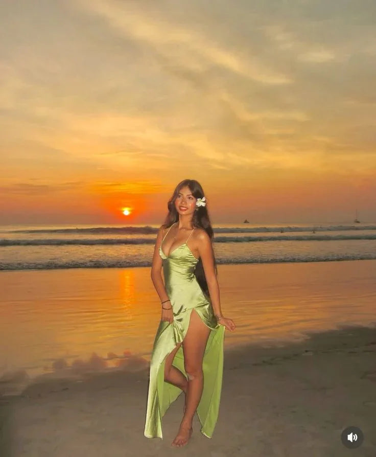 Simple Green Slit Satin Long Party Prom Dress Formal Evening Gown Y8149