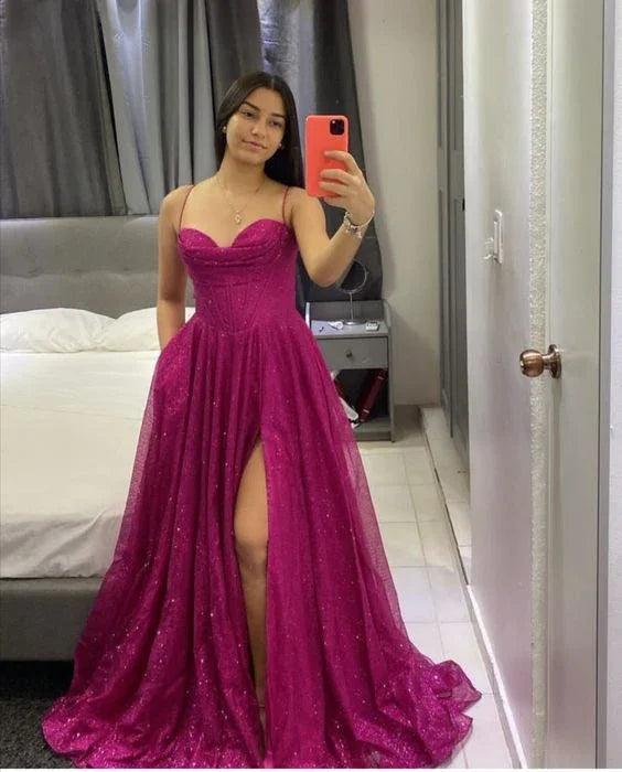 Fuchsia Corset Glitter A-line Evening Gown A-line Evening Dress Y6001