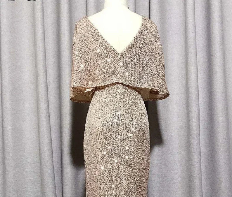 Mermaid Short Sleeves Sexy V Neck Evening Dress, Elegant Glitter Bat Sleeves Formal Party Dress Y1390