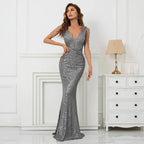 Women Beading Dress Long Prom Dress Deep V Neck Grey Sequin Evening Dress Sexy Party Maxi Dress 19320