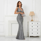 Women Beading Dress Long Prom Dress Deep V Neck Grey Sequin Evening Dress Sexy Party Maxi Dress 19320