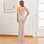 Women Beading Dress Long Prom Dress Deep V Neck Silver Sequin Evening Dress Sexy Party Maxi Dress 18691