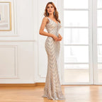Women Beading Dress Long Prom Dress Deep V Neck Silver Sequin Evening Dress Sexy Party Maxi Dress 18691