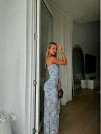 Chic Chiffon Print Floral Long Prom Dress Strapless Slit Party Evening Dress Y8238