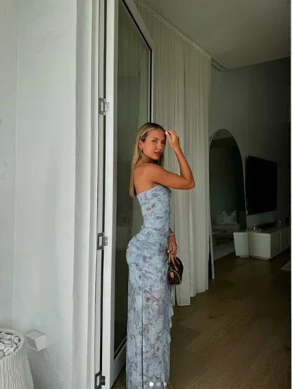 Chic Chiffon Print Floral Long Prom Dress Strapless Slit Party Evening Dress Y8238