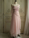 Pretty Pink Chiffon Sweetheart Spaghetti Straps Long Prom Evening Dress With Pearls Y8290