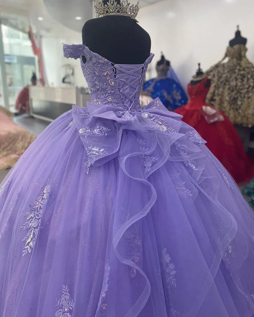 Lilac Corset Mexican Quinceanera Dress Ball Gown,Appliques Lace Birthday Dress Y1476