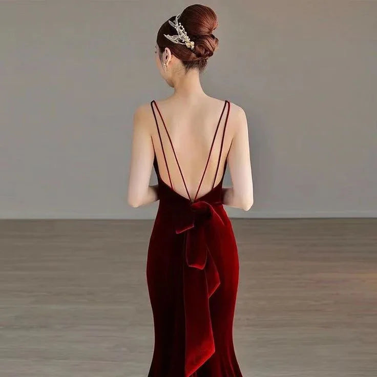 Elegant Red Velvet mermaid Evening Dress Long Prom Dress Y7824