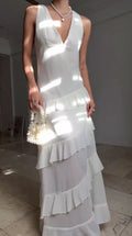 Simple White V Neck Chiffon Ruffle Prom Dress Backless Long Evening Dress Y8500